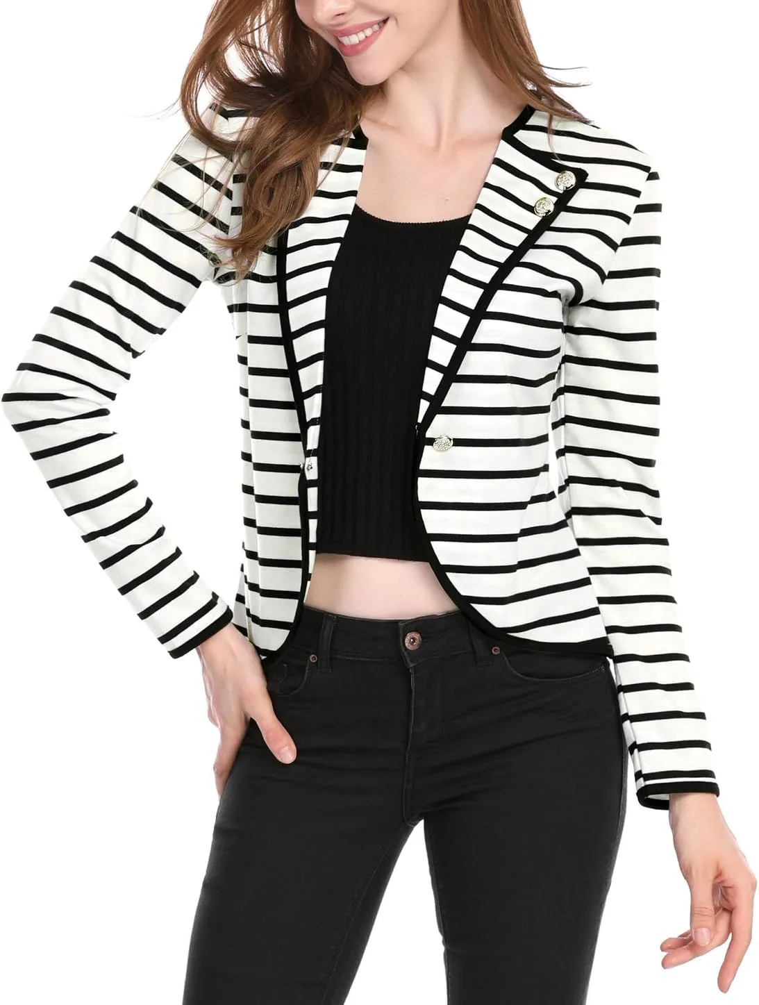 Allegra K Women's Notched Lapel Casual Work Office Striped Blazer