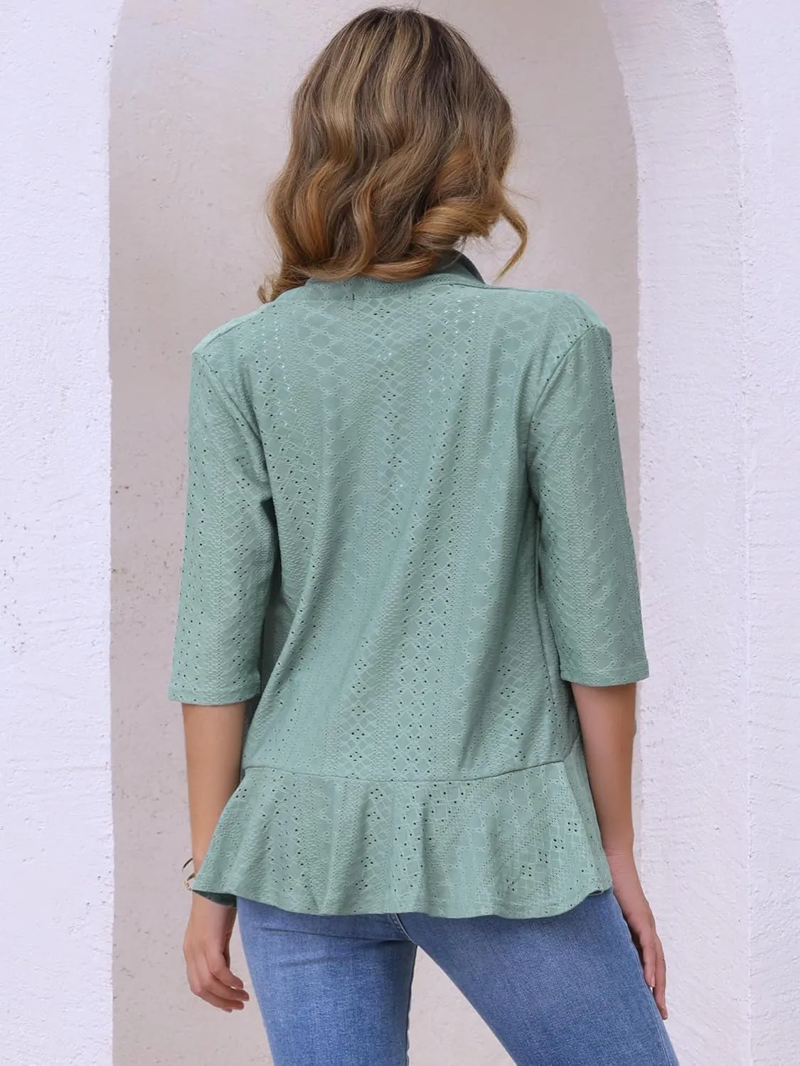 Allegra K Women's Open Front Cardigan 3/4 Sleeve Draped Ruffles Eyelet Summer Cardigans