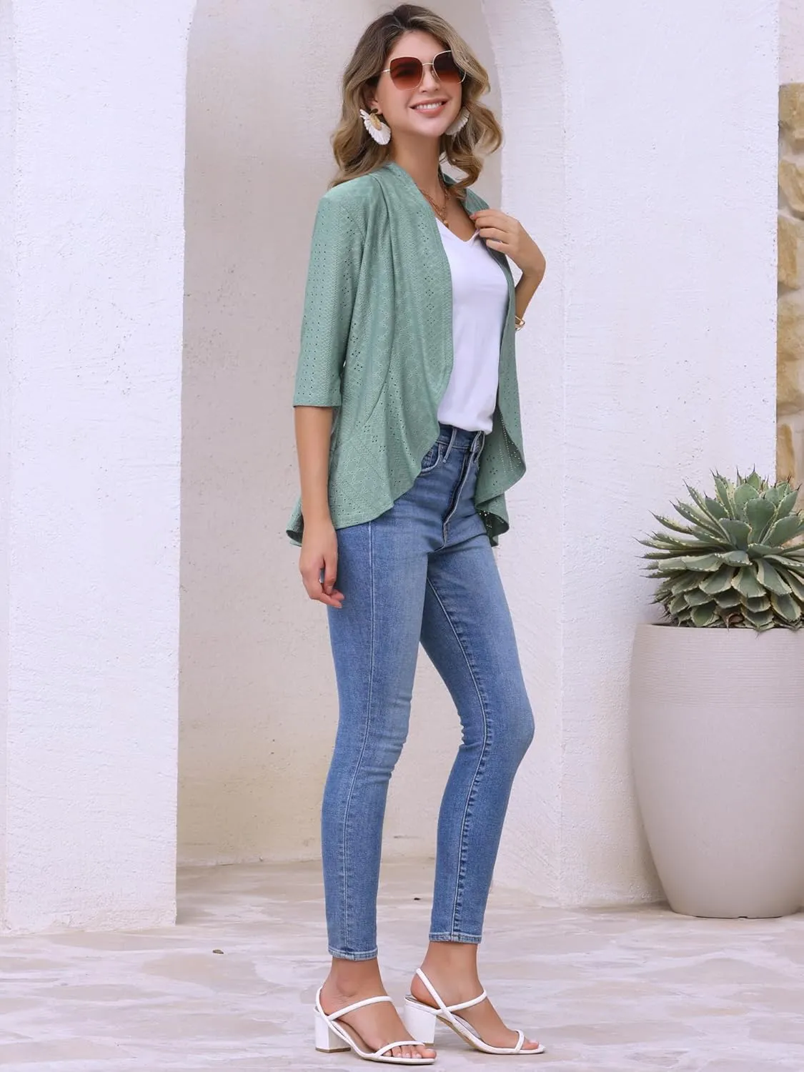 Allegra K Women's Open Front Cardigan 3/4 Sleeve Draped Ruffles Eyelet Summer Cardigans