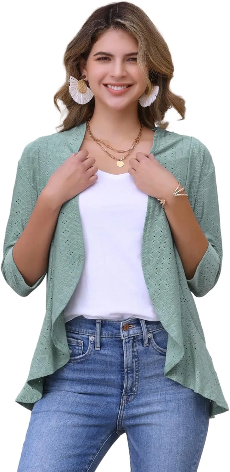 Allegra K Women's Open Front Cardigan 3/4 Sleeve Draped Ruffles Eyelet Summer Cardigans
