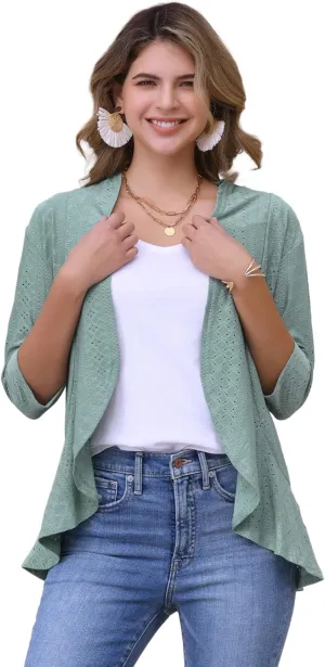 Allegra K Women's Open Front Cardigan 3/4 Sleeve Draped Ruffles Eyelet Summer Cardigans