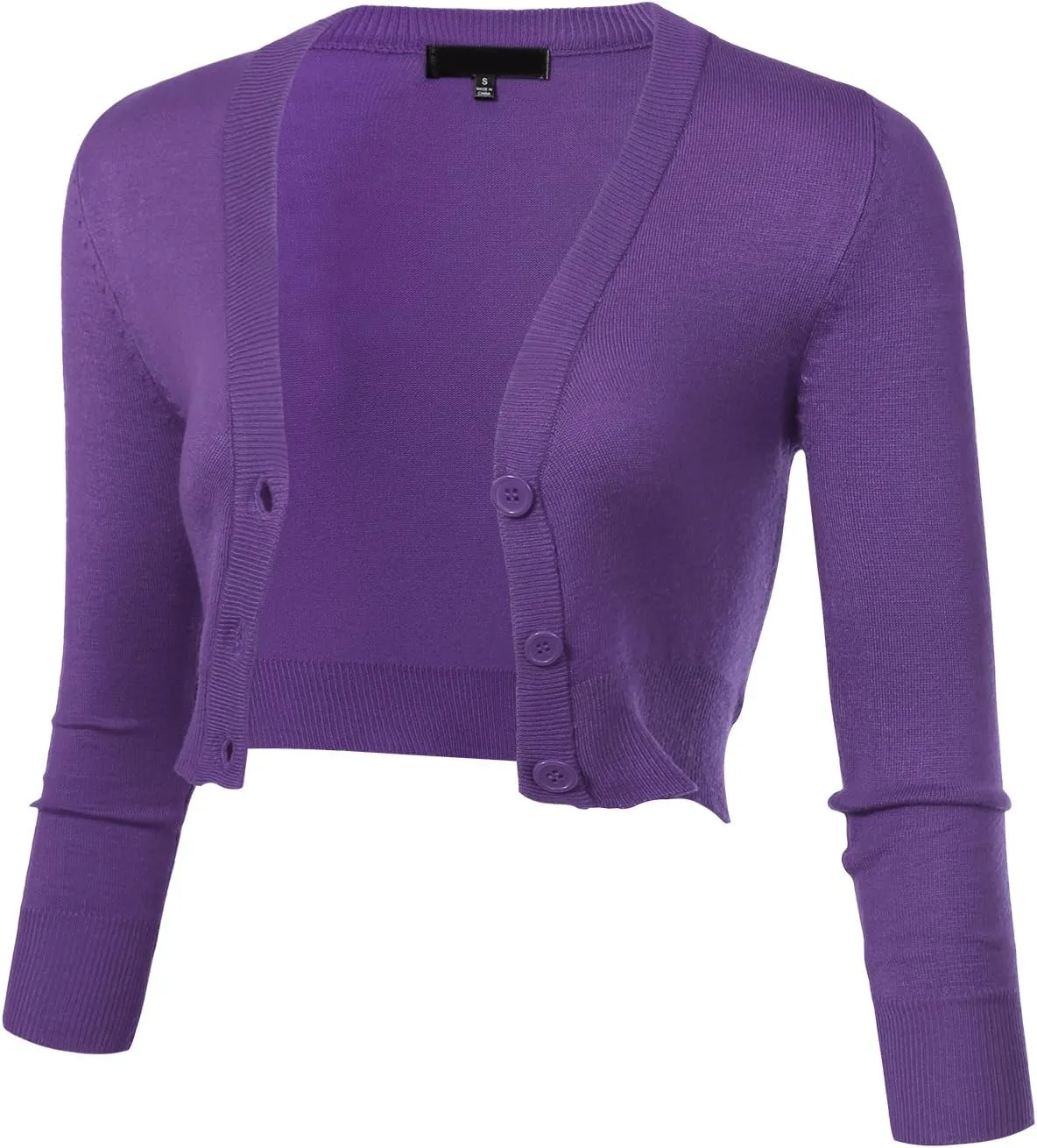 Allsense Women's 3/4 Sleeve Button-Down V-Neck Cropped Bolero Shrug Cardigan