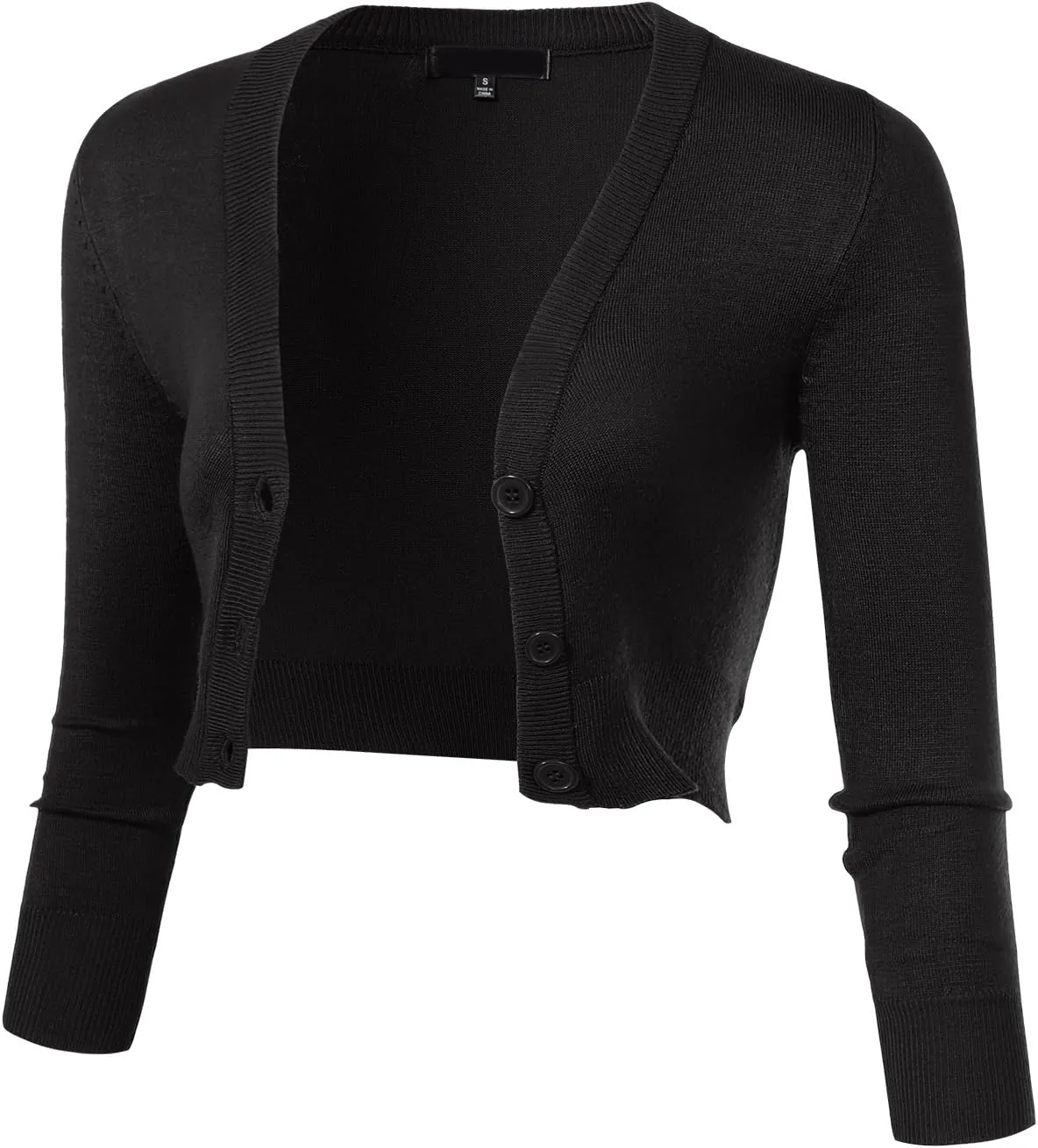 Allsense Women's 3/4 Sleeve Button-Down V-Neck Cropped Bolero Shrug Cardigan