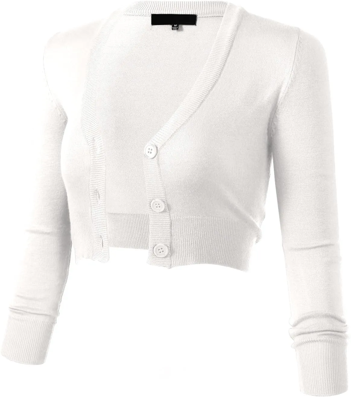 Allsense Women's 3/4 Sleeve Button-Down V-Neck Cropped Bolero Shrug Cardigan