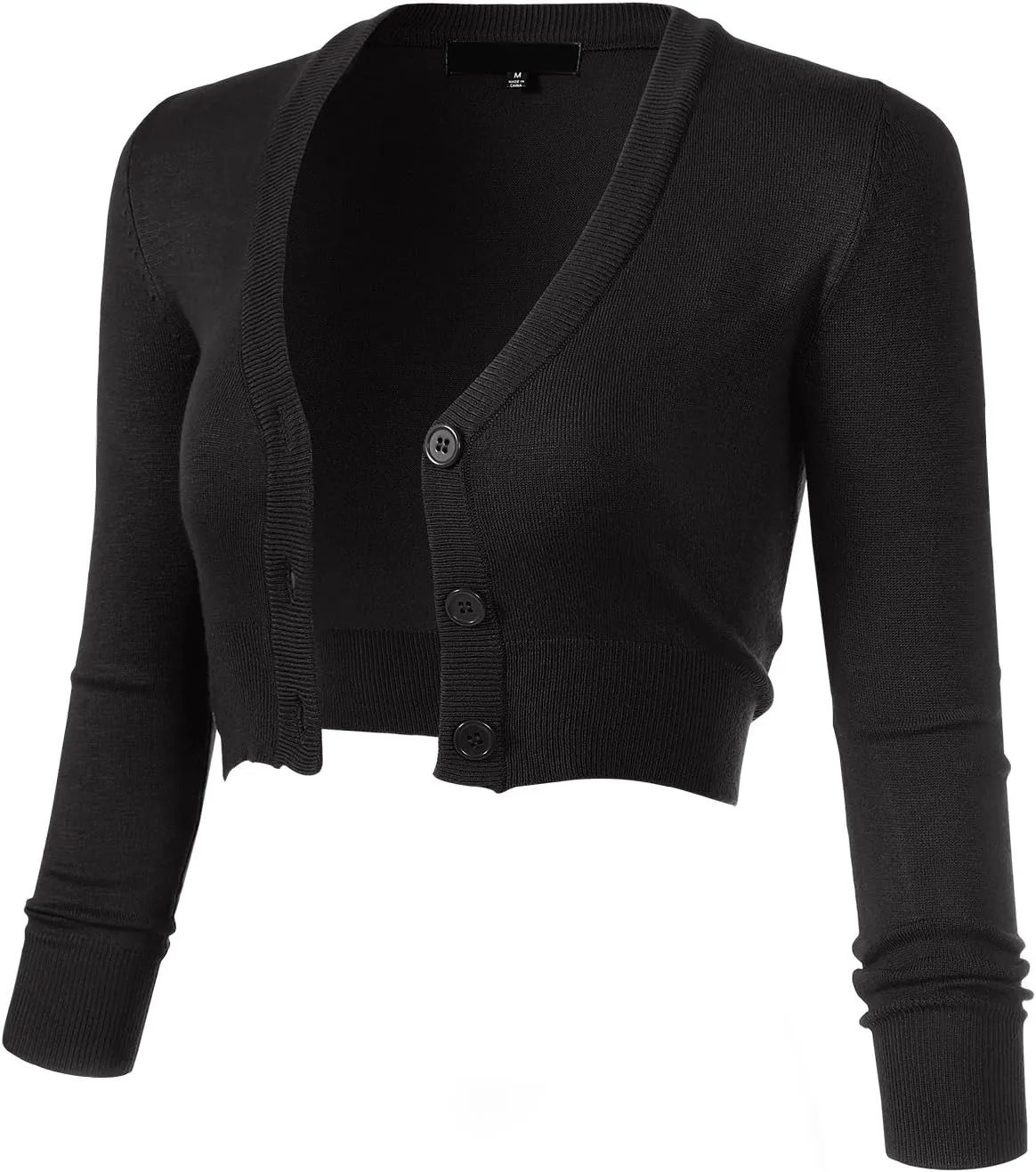 Allsense Women's 3/4 Sleeve Button-Down V-Neck Cropped Bolero Shrug Cardigan