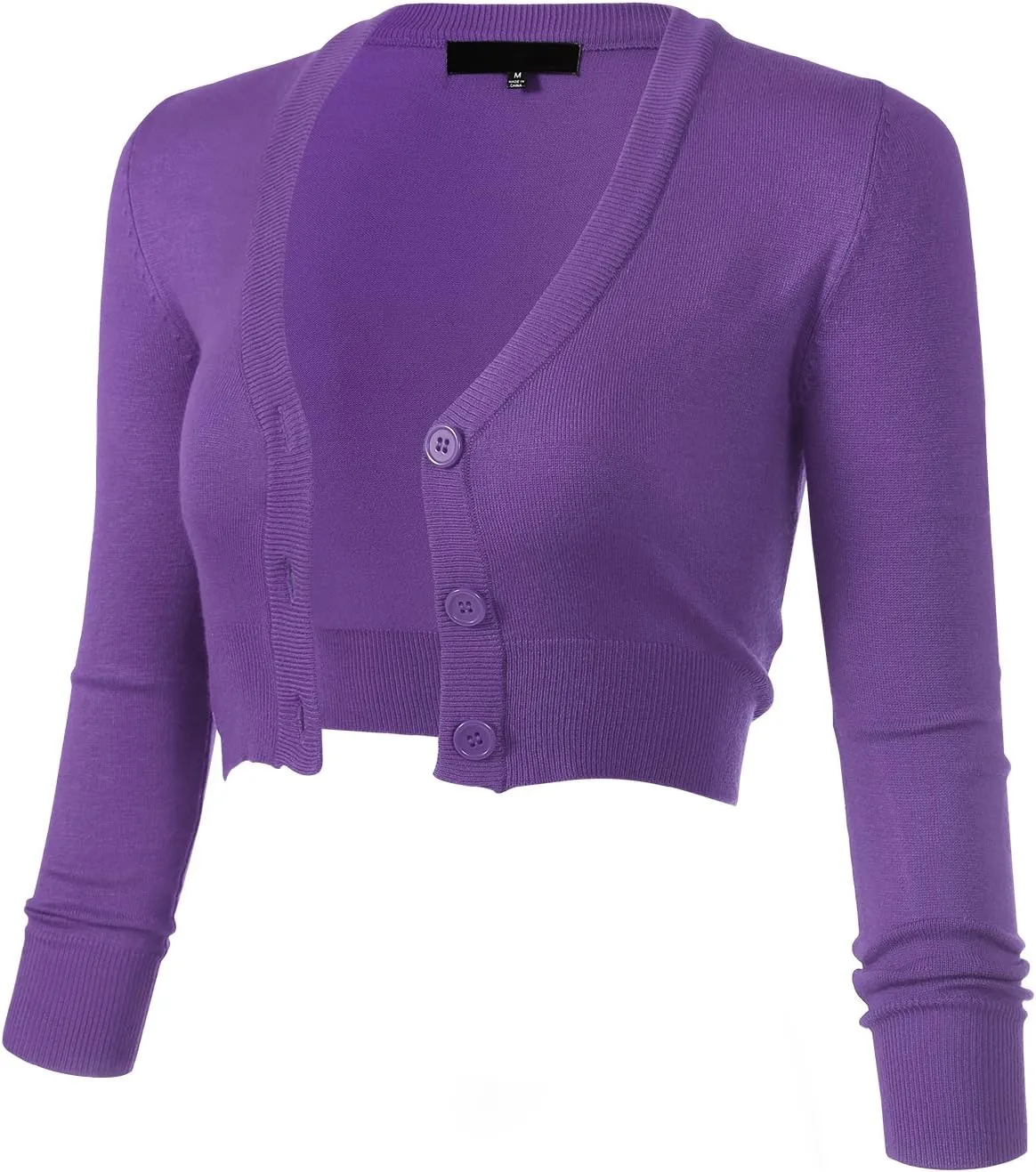 Allsense Women's 3/4 Sleeve Button-Down V-Neck Cropped Bolero Shrug Cardigan