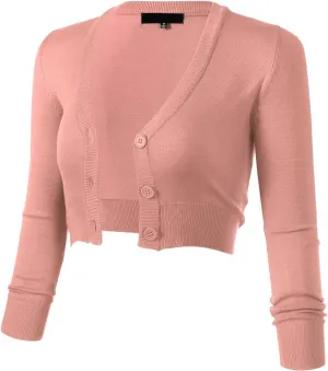 Allsense Women's 3/4 Sleeve Button-Down V-Neck Cropped Bolero Shrug Cardigan