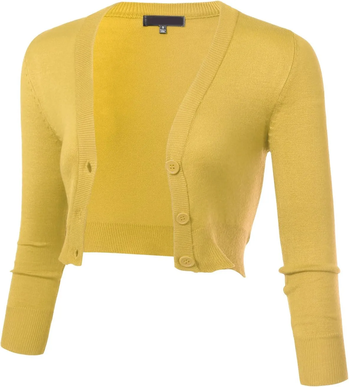Allsense Women's 3/4 Sleeve Button-Down V-Neck Cropped Bolero Shrug Cardigan