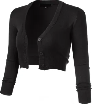 Allsense Women's 3/4 Sleeve Button-Down V-Neck Cropped Bolero Shrug Cardigan