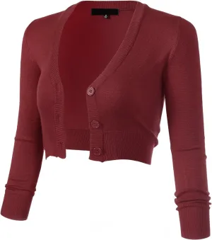 Allsense Women's 3/4 Sleeve Button-Down V-Neck Cropped Bolero Shrug Cardigan