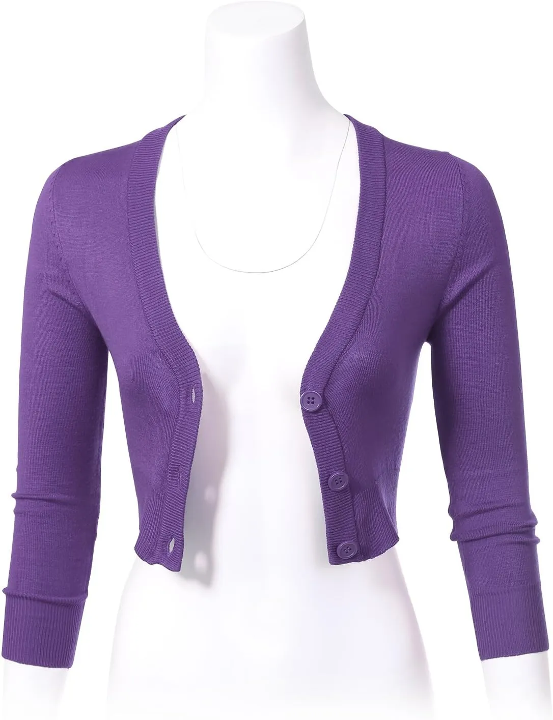 Allsense Women's 3/4 Sleeve Button-Down V-Neck Cropped Bolero Shrug Cardigan