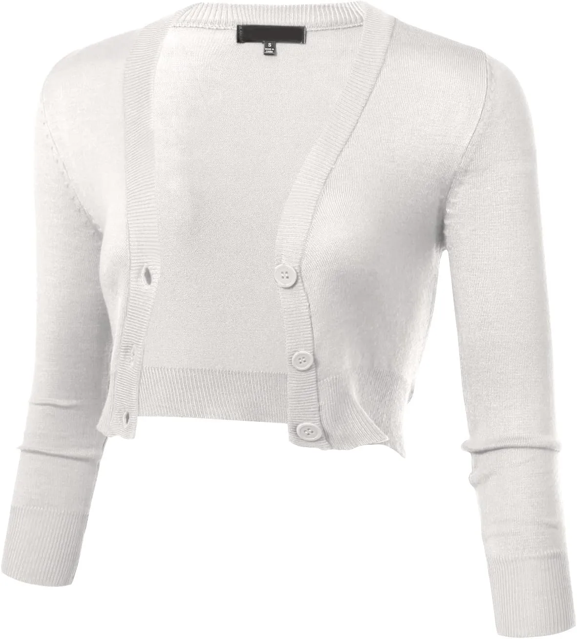 Allsense Women's 3/4 Sleeve Button-Down V-Neck Cropped Bolero Shrug Cardigan