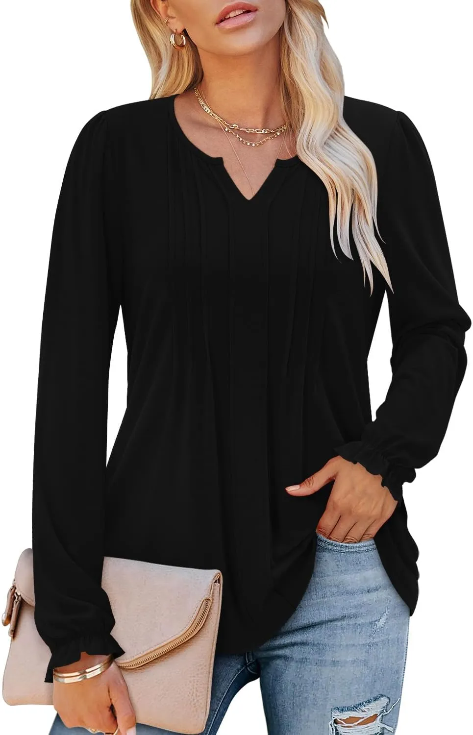 Angerella Long Sleeve Shirts for Women Comfy V Neck Fall Tops Dressy Casual Blouses Trendy Tunic Tops for Leggings S-3XL