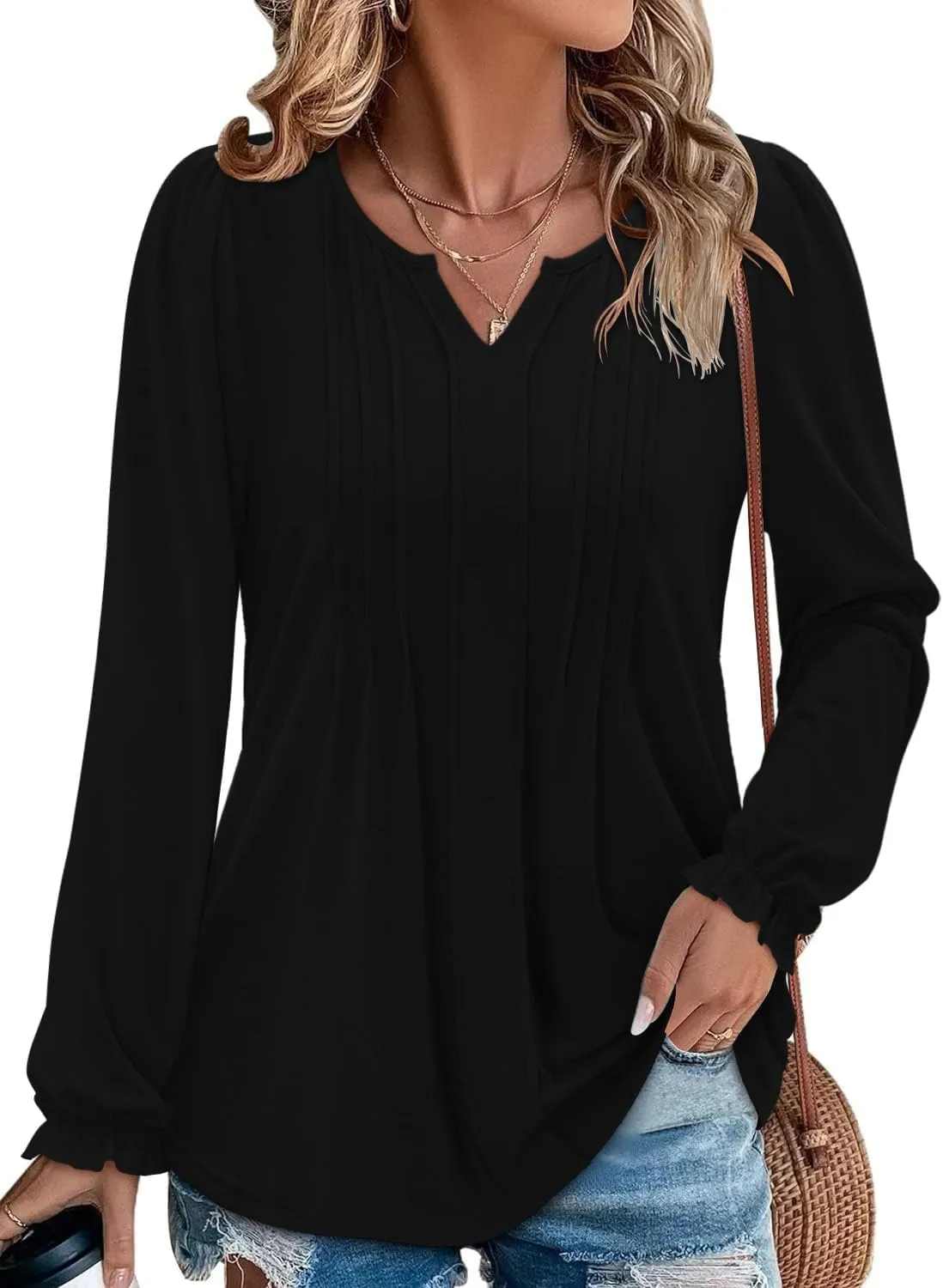 Angerella Long Sleeve Shirts for Women Comfy V Neck Fall Tops Dressy Casual Blouses Trendy Tunic Tops for Leggings S-3XL