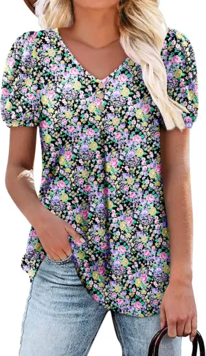 Angerella Women Tunic Tops Dressy Casual Summer Short Sleeve V Neck Shirts Floral Loose Fit Pleated Boho Top S-3XL