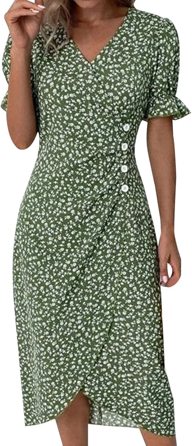 Aniywn Dresses Women Casual Summer Vacation Casual Side Button Up Boho Floral Dress Wrap V Neck Short Sleeve Midi Sun Dresses