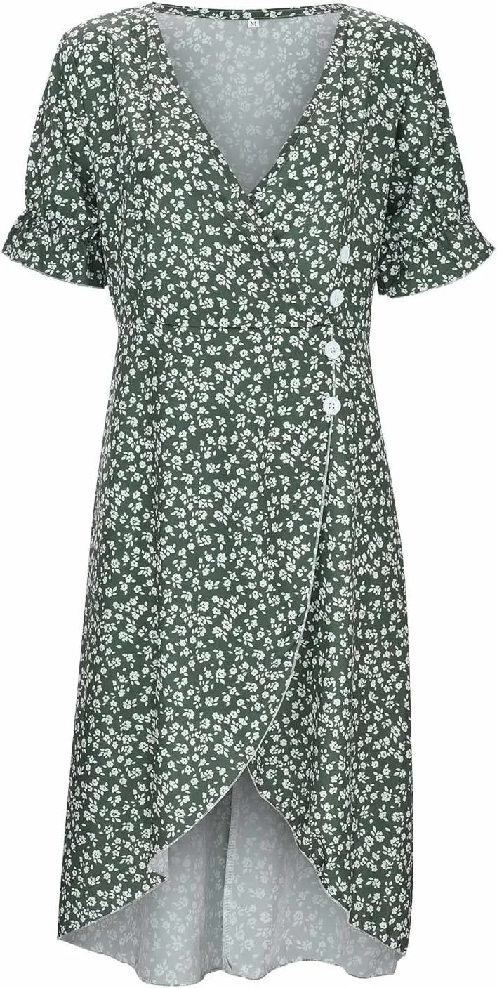 Aniywn Dresses Women Casual Summer Vacation Casual Side Button Up Boho Floral Dress Wrap V Neck Short Sleeve Midi Sun Dresses