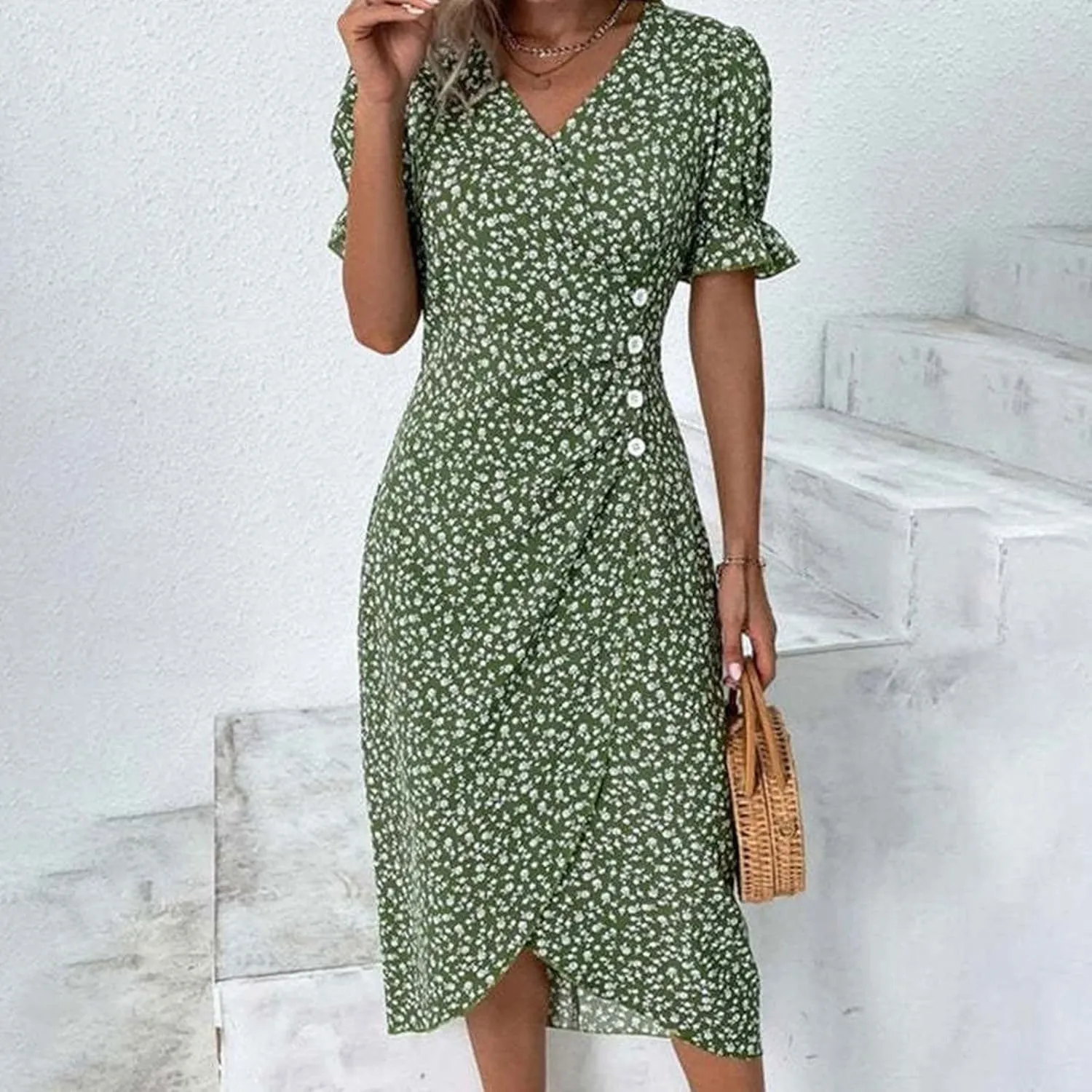 Aniywn Dresses Women Casual Summer Vacation Casual Side Button Up Boho Floral Dress Wrap V Neck Short Sleeve Midi Sun Dresses