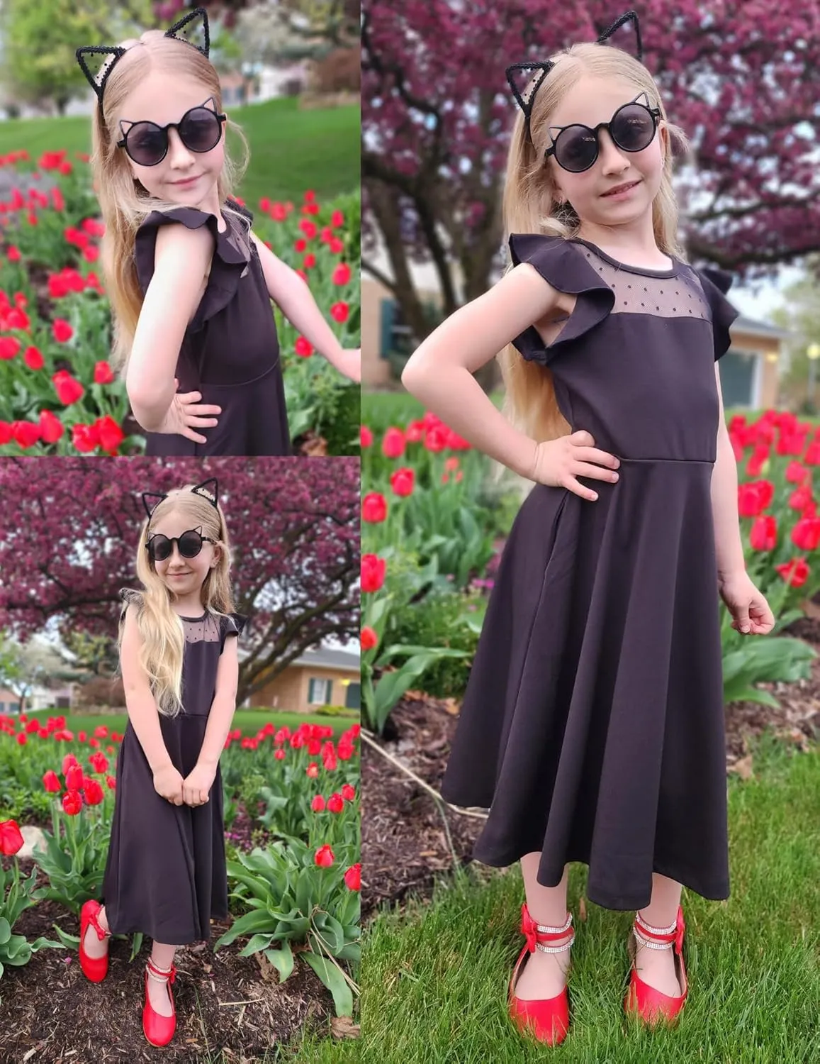 Arshiner Girls Dress Summer Ruffle Sleeve Mesh A Line Casual Party Dresses with Pockets 6-13 Years