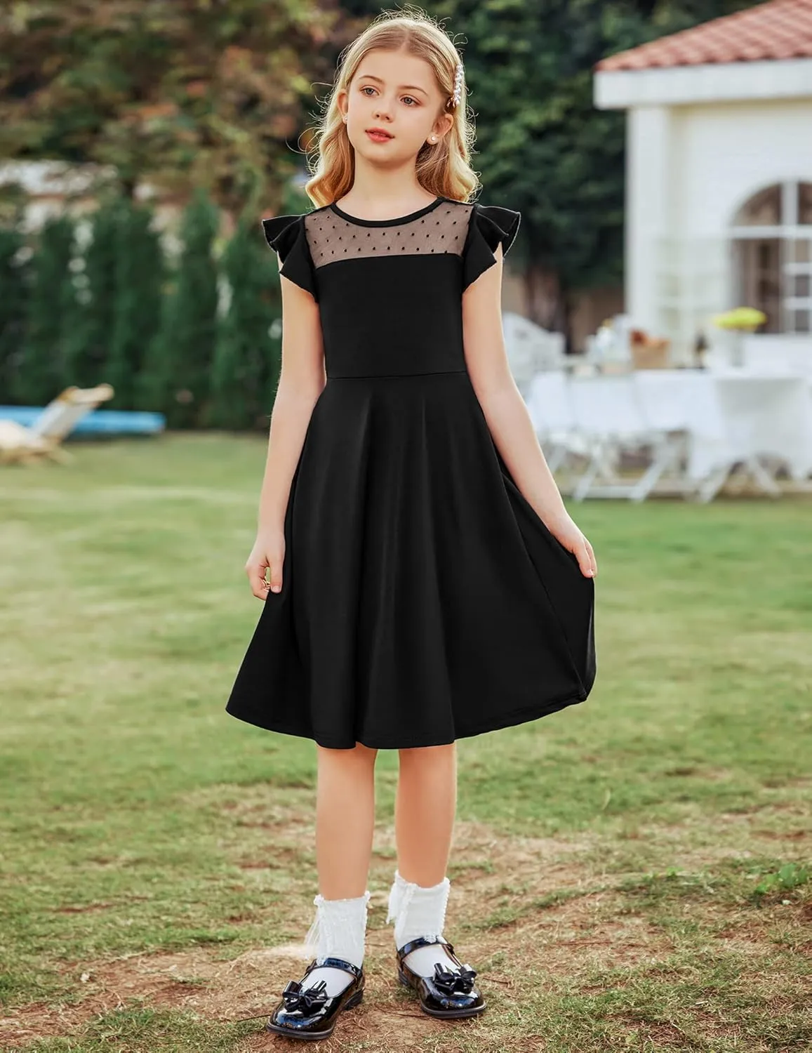 Arshiner Girls Dress Summer Ruffle Sleeve Mesh A Line Casual Party Dresses with Pockets 6-13 Years