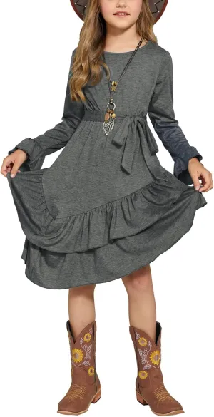 Arshiner Girls Dresses Loose Plain Casual Ruffle Swing Midi Dress with Belt for 5-14 Years