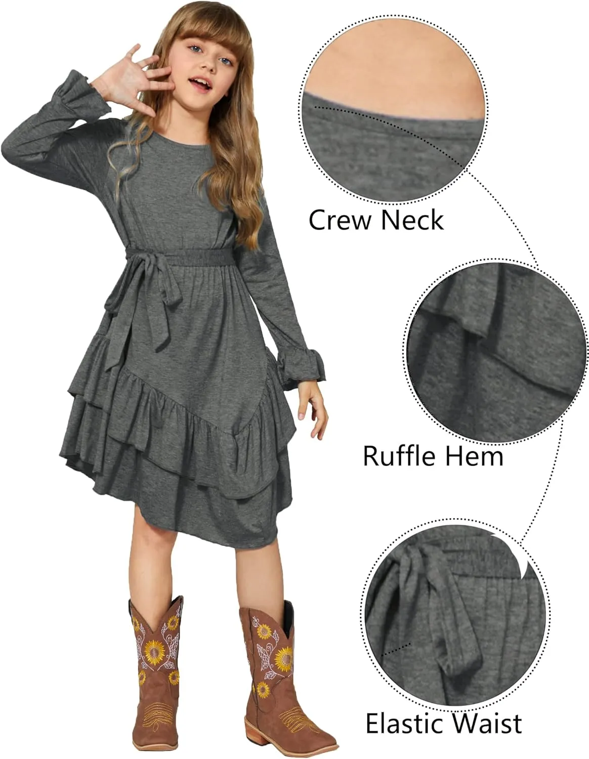 Arshiner Girls Dresses Loose Plain Casual Ruffle Swing Midi Dress with Belt for 5-14 Years