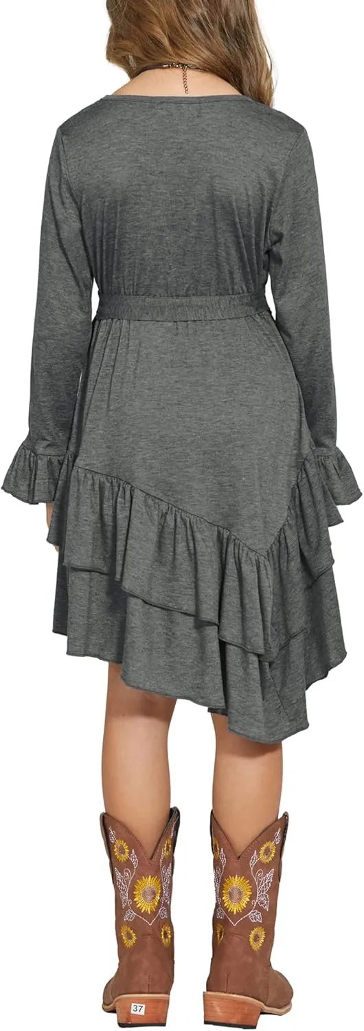 Arshiner Girls Dresses Loose Plain Casual Ruffle Swing Midi Dress with Belt for 5-14 Years