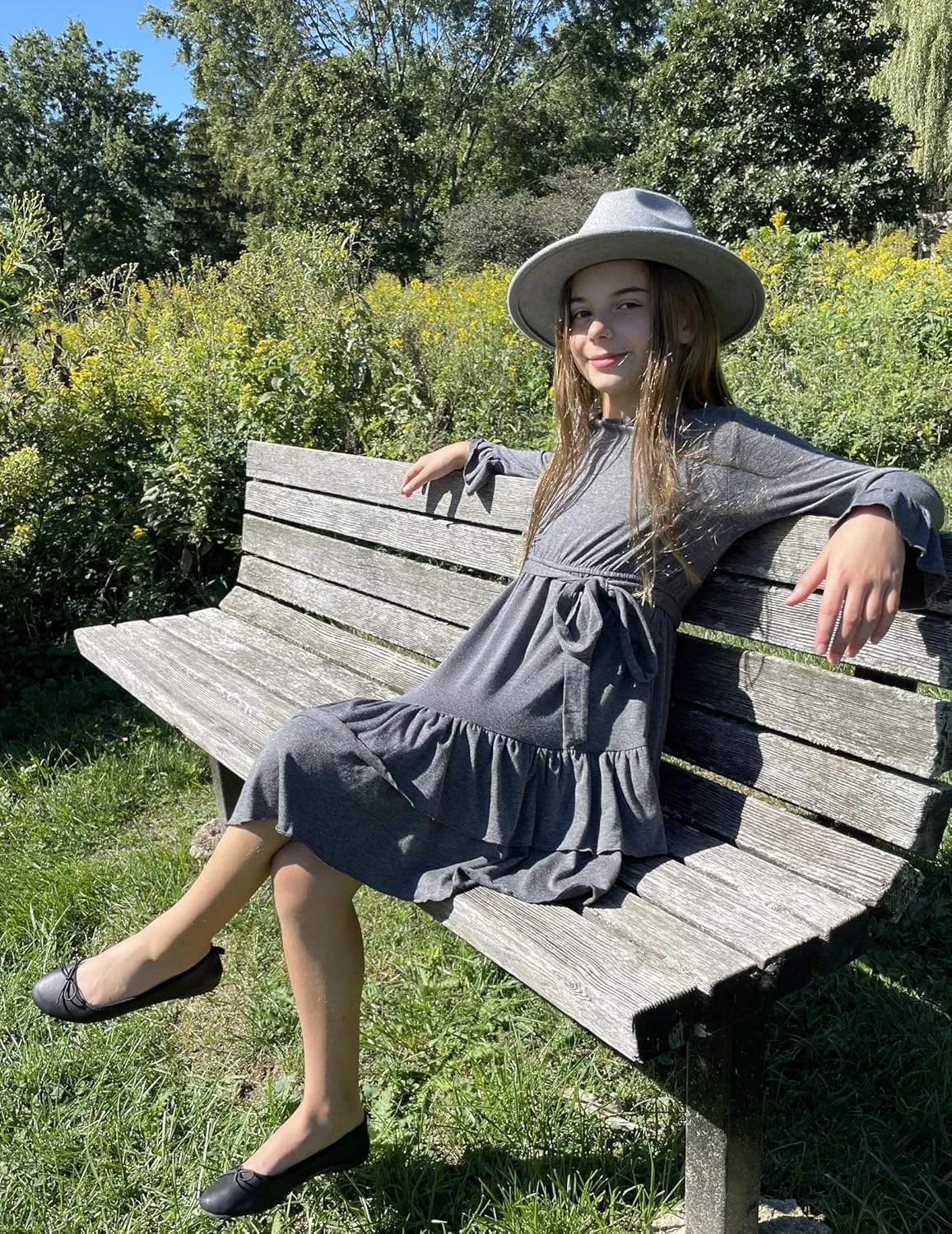Arshiner Girls Dresses Loose Plain Casual Ruffle Swing Midi Dress with Belt for 5-14 Years