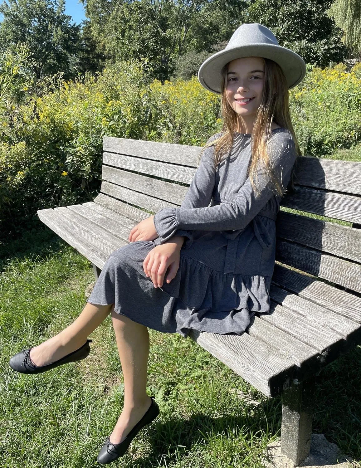 Arshiner Girls Dresses Loose Plain Casual Ruffle Swing Midi Dress with Belt for 5-14 Years
