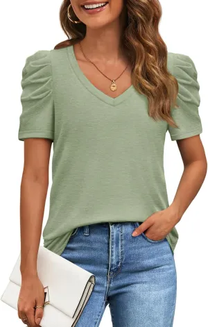 ATHMILE Womens Summer Shirt V Neck Casual Tshirts Puff Sleeve Tops for Women Trendy 2025 Tunic Solid Color