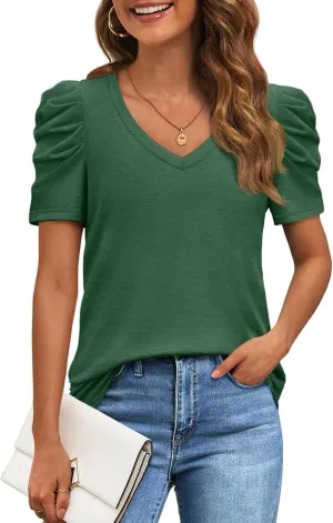ATHMILE Womens Summer Shirt V Neck Casual Tshirts Puff Sleeve Tops for Women Trendy 2025 Tunic Solid Color