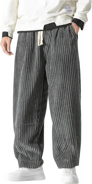 Aymnlox Men's Casual Pants Corduroy Straight Fit Baggy Pants Drawstring Stretch Waist Jogger Hiking Trousers with Pockets