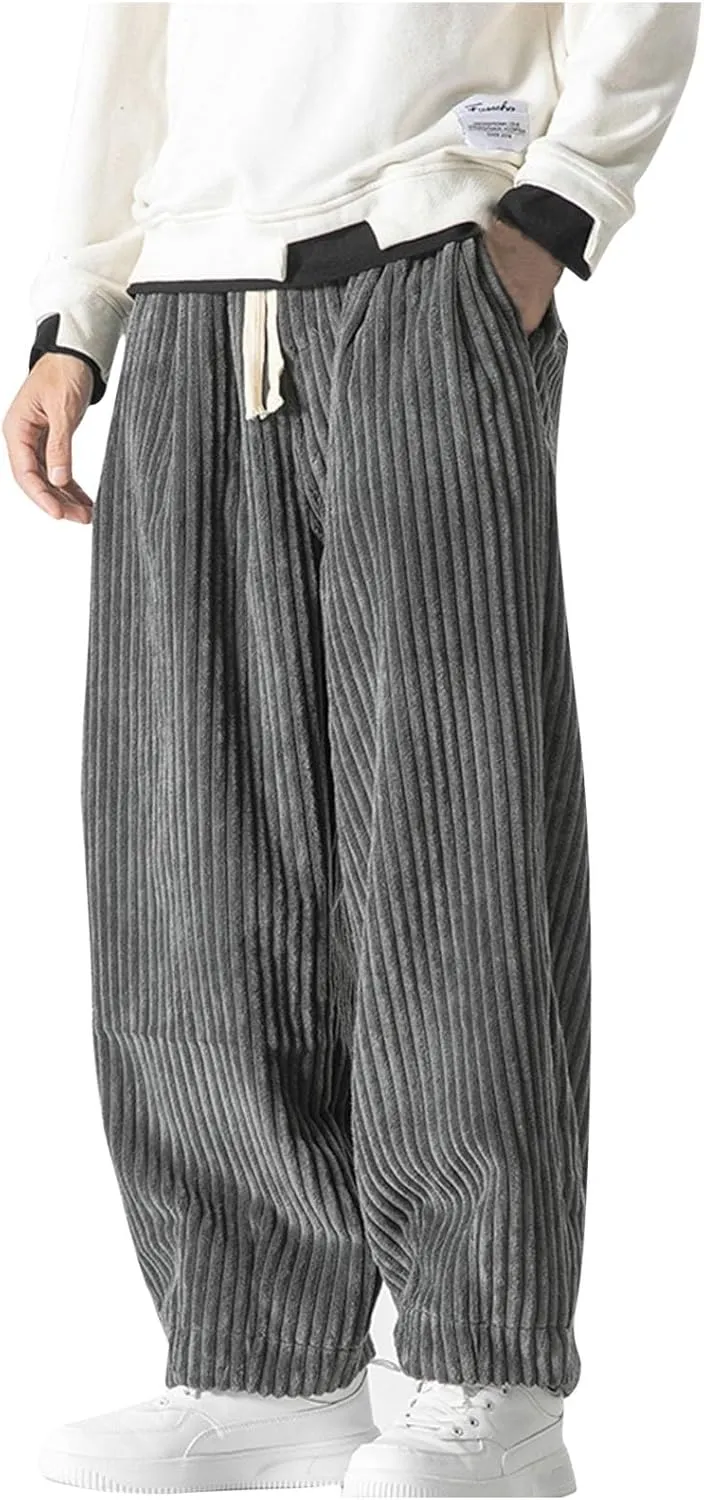 Aymnlox Men's Casual Pants Corduroy Straight Fit Baggy Pants Drawstring Stretch Waist Jogger Hiking Trousers with Pockets