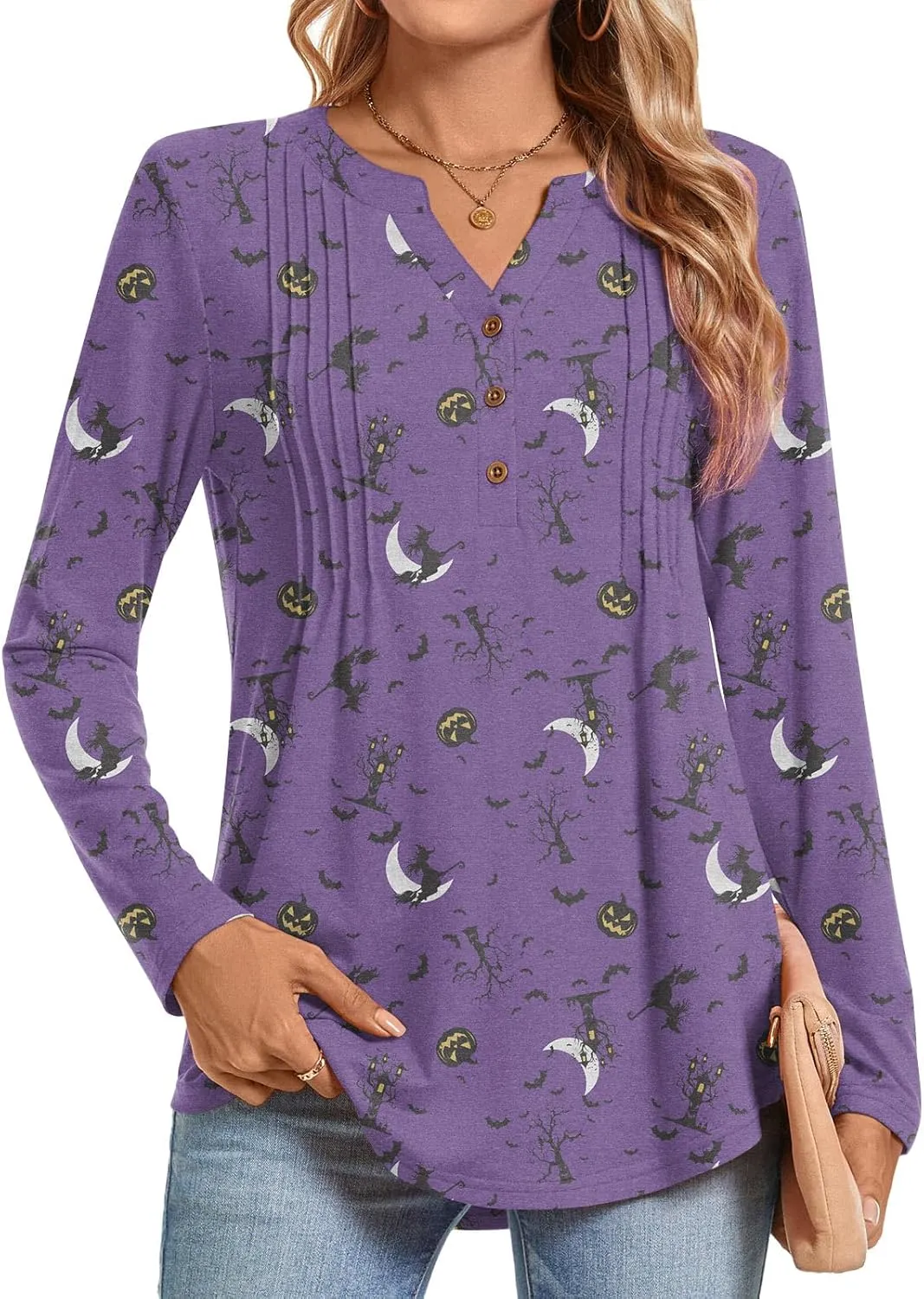Bestbee Women's Long Sleeve Button-Down Shirts V Neck Tunic Tops 2024 Fall Tops Casual T-Shirts Dressy Blouses
