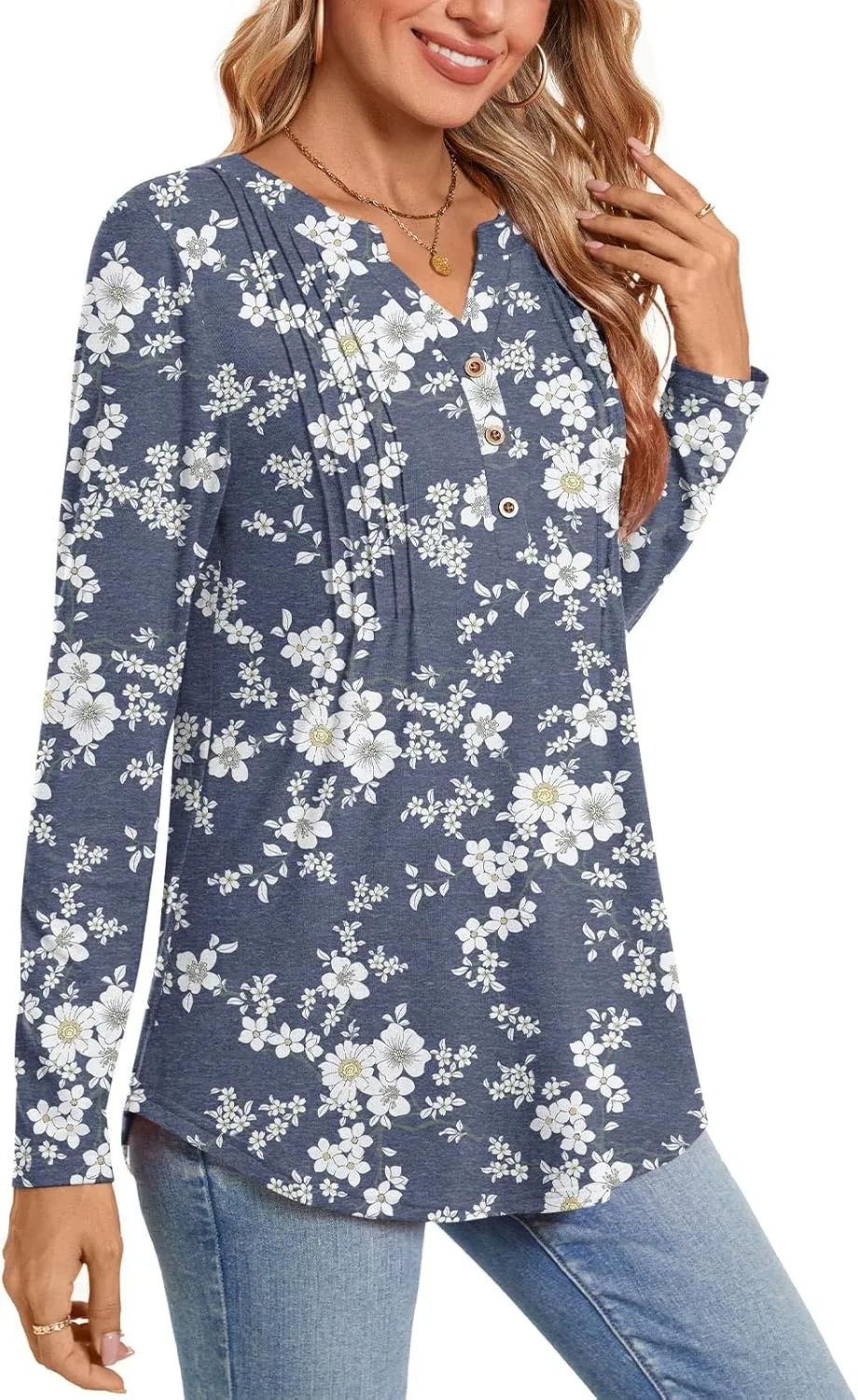 Bestbee Women's Long Sleeve Button-Down Shirts V Neck Tunic Tops 2024 Fall Tops Casual T-Shirts Dressy Blouses