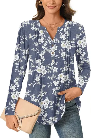 Bestbee Women's Long Sleeve Button-Down Shirts V Neck Tunic Tops 2024 Fall Tops Casual T-Shirts Dressy Blouses