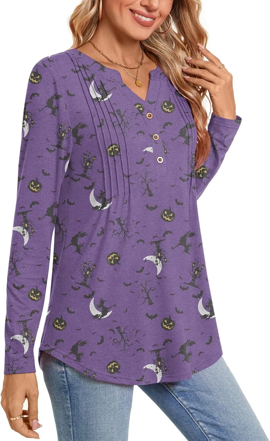 Bestbee Women's Long Sleeve Button-Down Shirts V Neck Tunic Tops 2024 Fall Tops Casual T-Shirts Dressy Blouses
