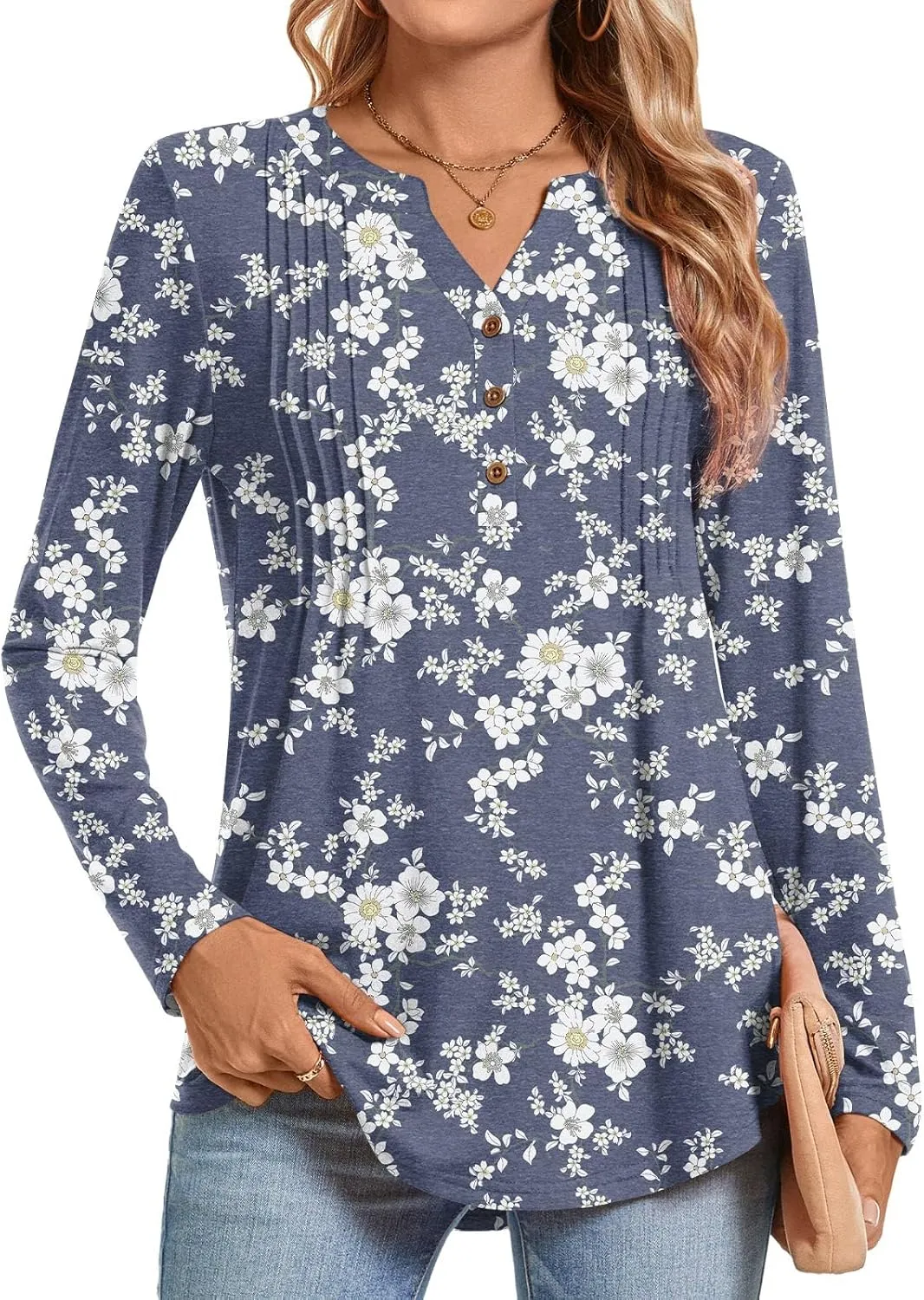 Bestbee Women's Long Sleeve Button-Down Shirts V Neck Tunic Tops 2024 Fall Tops Casual T-Shirts Dressy Blouses