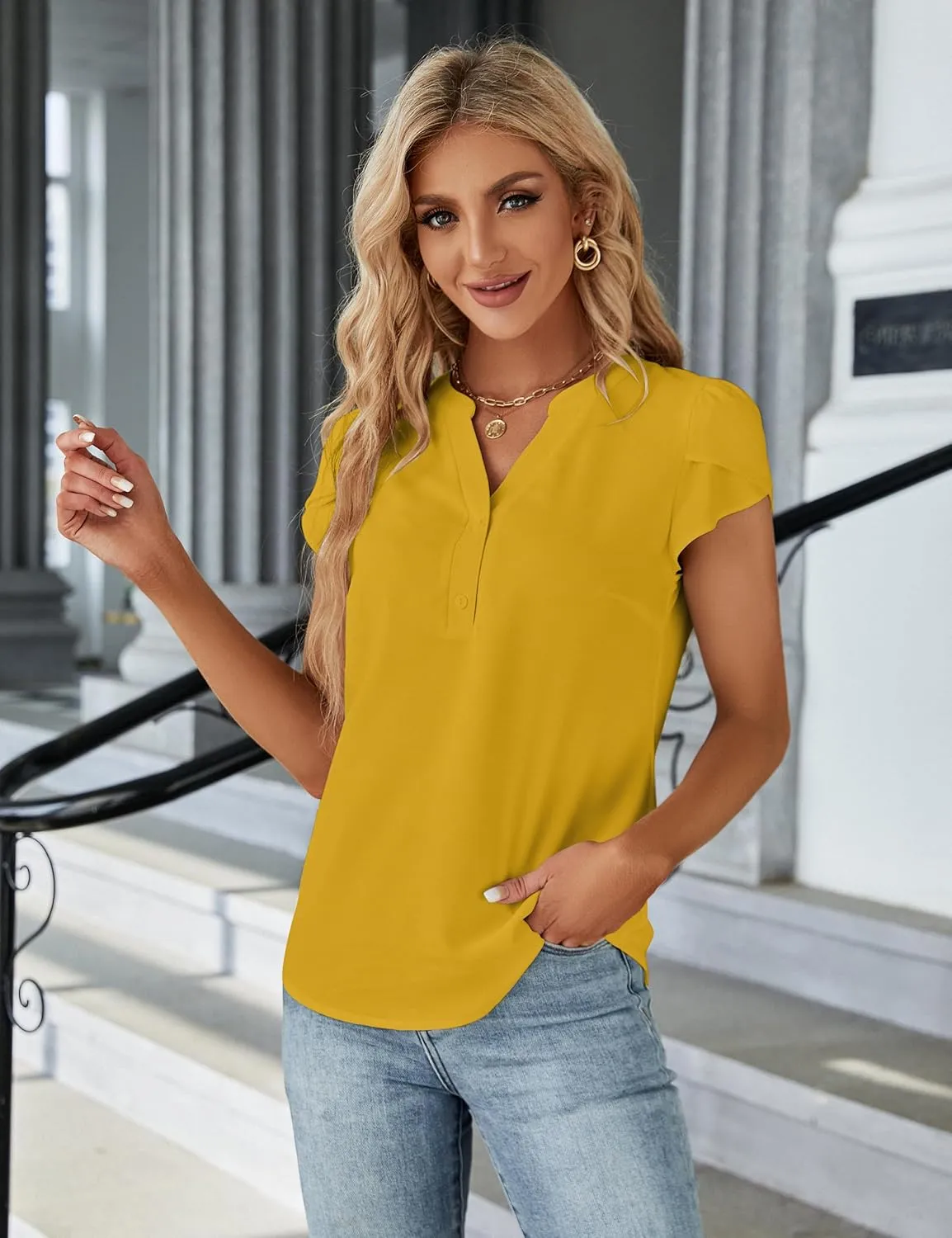 Blooming Jelly Women's Dressy Casual Tops Business Work Blouses White Button Down Shirts Cap Sleeve V Neck Tshirt