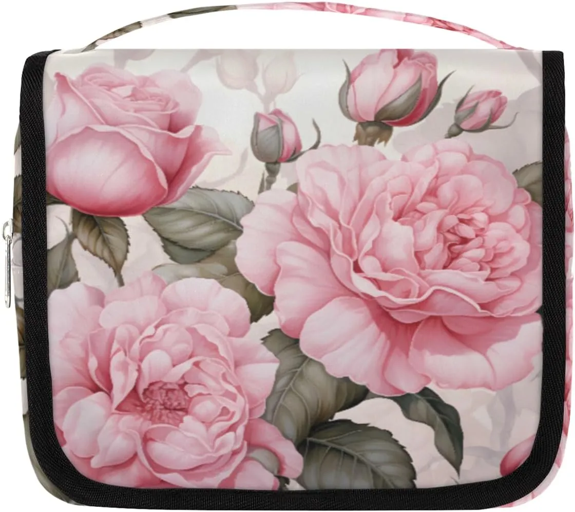 Blossom Pinks Roses Hanging Travel Toiletry Bag Kit Makeup Case Cosmetics Organizer Flowers Toiletry Bag for Women Make up Accessories Shampoo Body Cream Brushes Set