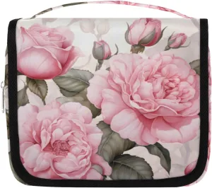 Blossom Pinks Roses Hanging Travel Toiletry Bag Kit Makeup Case Cosmetics Organizer Flowers Toiletry Bag for Women Make up Accessories Shampoo Body Cream Brushes Set