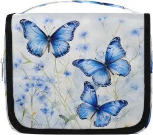 Blue Butterfly Hanging Travel Toiletry Bag Kit Makeup Case Cosmetics Organizer Butterflies Toiletry Bag for Women Make up Accessories Shampoo Body Cream Brushes Set