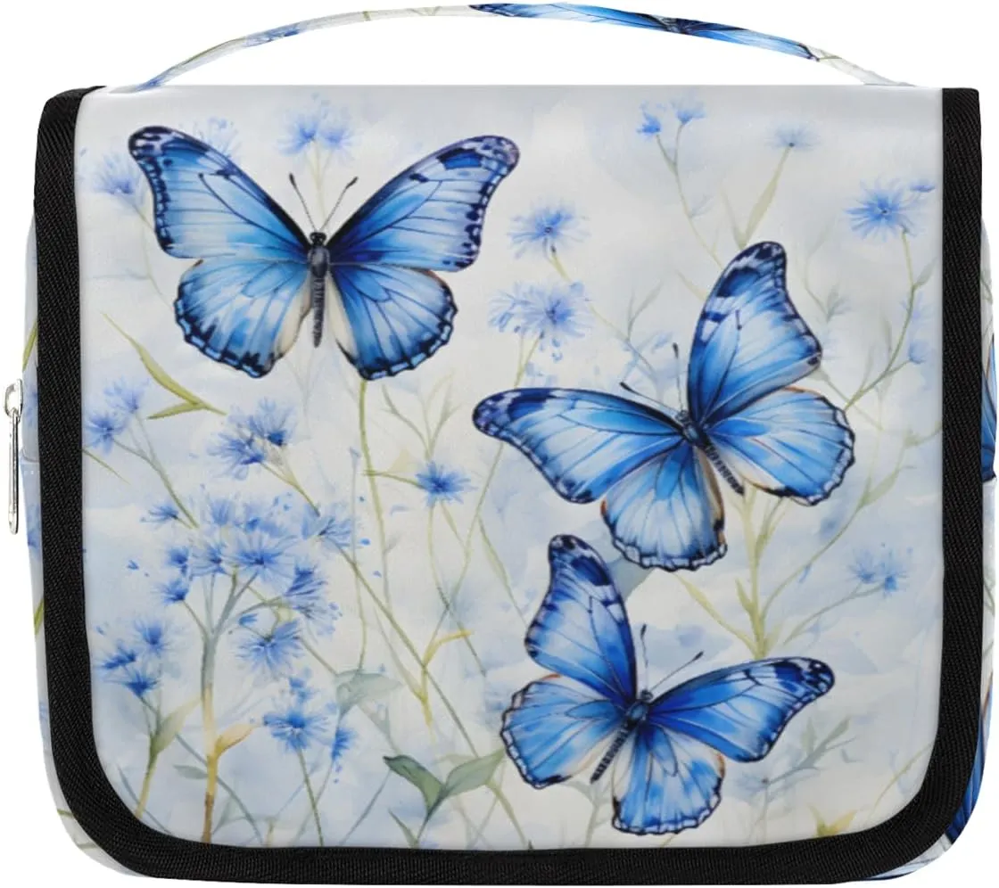 Blue Butterfly Hanging Travel Toiletry Bag Kit Makeup Case Cosmetics Organizer Butterflies Toiletry Bag for Women Make up Accessories Shampoo Body Cream Brushes Set