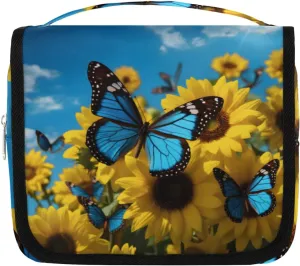 Blue Butterfly Hanging Travel Toiletry Bag Kit Makeup Case Cosmetics Organizer Sunflowers Toiletry Bag for Women Make up Accessories Shampoo Body Cream Brushes Set