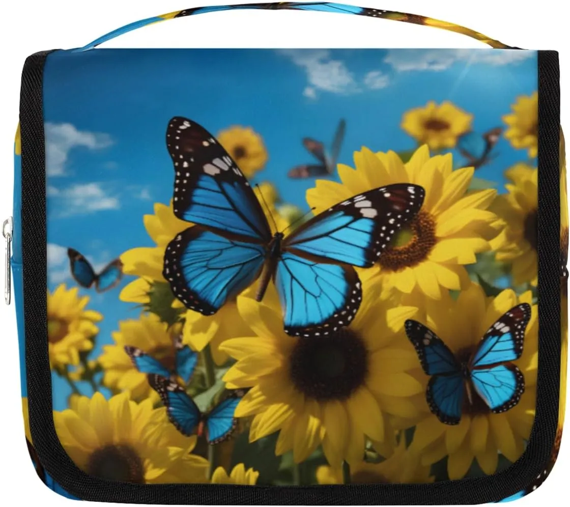 Blue Butterfly Hanging Travel Toiletry Bag Kit Makeup Case Cosmetics Organizer Sunflowers Toiletry Bag for Women Make up Accessories Shampoo Body Cream Brushes Set