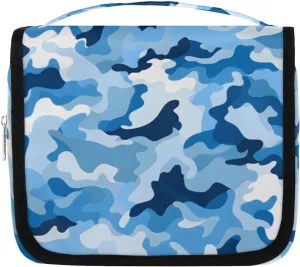 Blue Camo Hanging Travel Toiletry Bag Kit Makeup Case Cosmetics Organizer Camouflage Toiletry Bag for Women Make up Accessories Shampoo Body Cream Brushes Set
