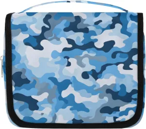 Blue Camo Hanging Travel Toiletry Bag Kit Makeup Case Cosmetics Organizer Fashion Camouflage Toiletry Bag for Women Make up Accessories Shampoo Body Cream Brushes Set