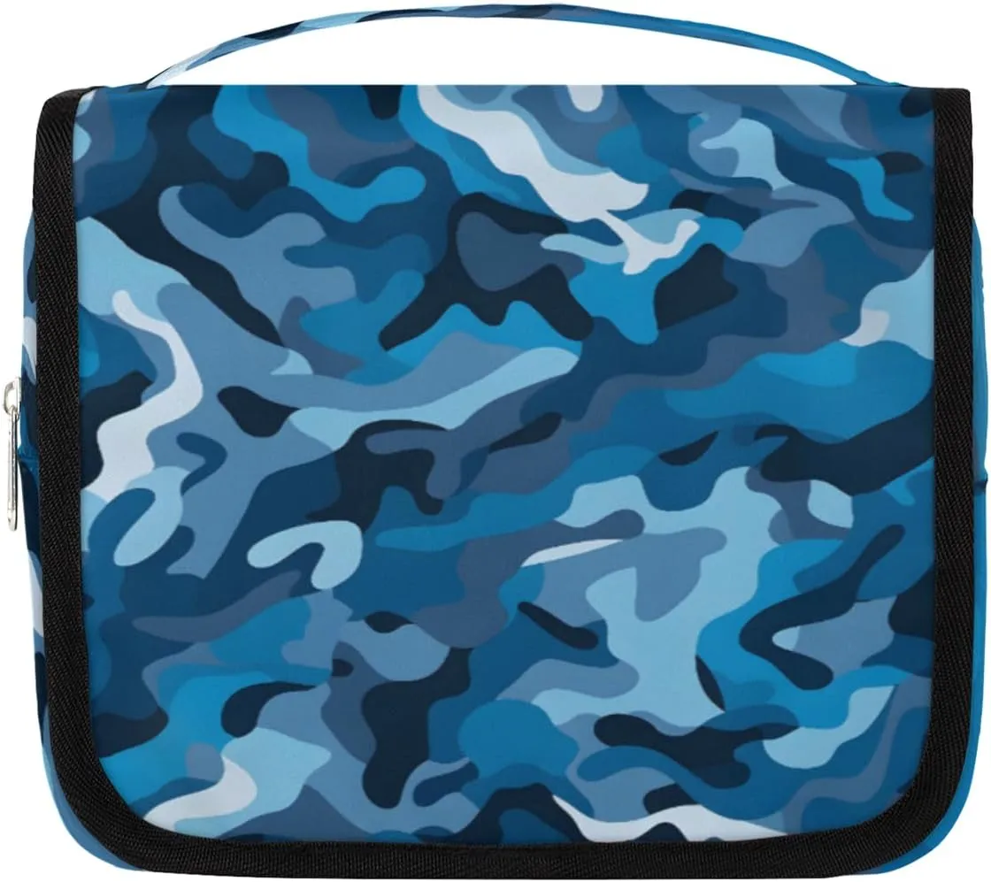 Blue Camouflage Hanging Travel Toiletry Bag Kit Makeup Case Cosmetics Organizer Camo Texture Toiletry Bag for Women Make up Accessories Shampoo Body Cream Brushes Set