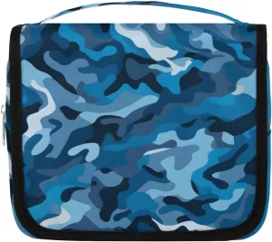 Blue Camouflage Hanging Travel Toiletry Bag Kit Makeup Case Cosmetics Organizer Camo Texture Toiletry Bag for Women Make up Accessories Shampoo Body Cream Brushes Set