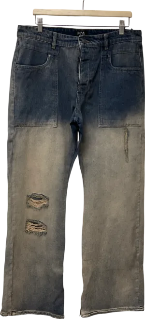 boohooMan Blue Relaxed Rigid Gusset Flare Tinted Jeans UK M